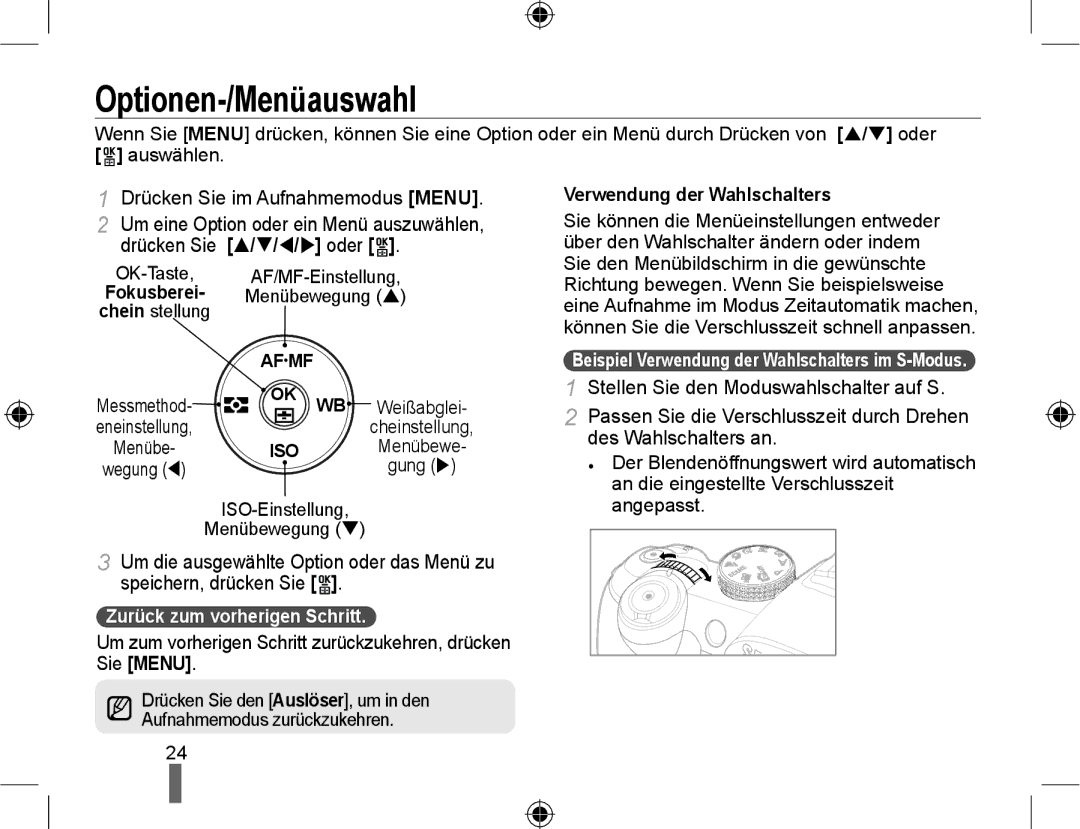 Samsung NX10RHZA03/SUK manual Optionen-/Menüauswahl, Zurück zum vorherigen Schritt, Sie Menu Verwendung der Wahlschalters 