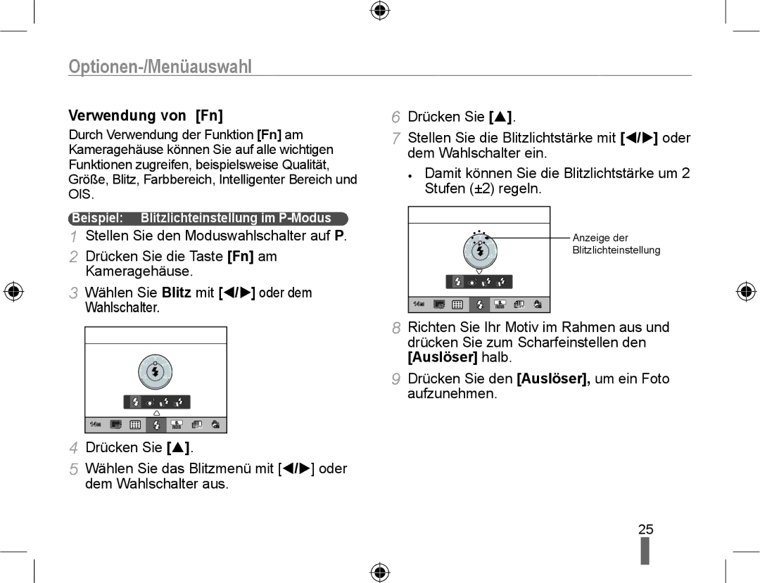 Samsung NX10PRTV04/SUK, NX10RHZA03/SUK Optionen-/Menüauswahl, Verwendung von Fn, Beispiel Blitzlichteinstellung im P-Modus 