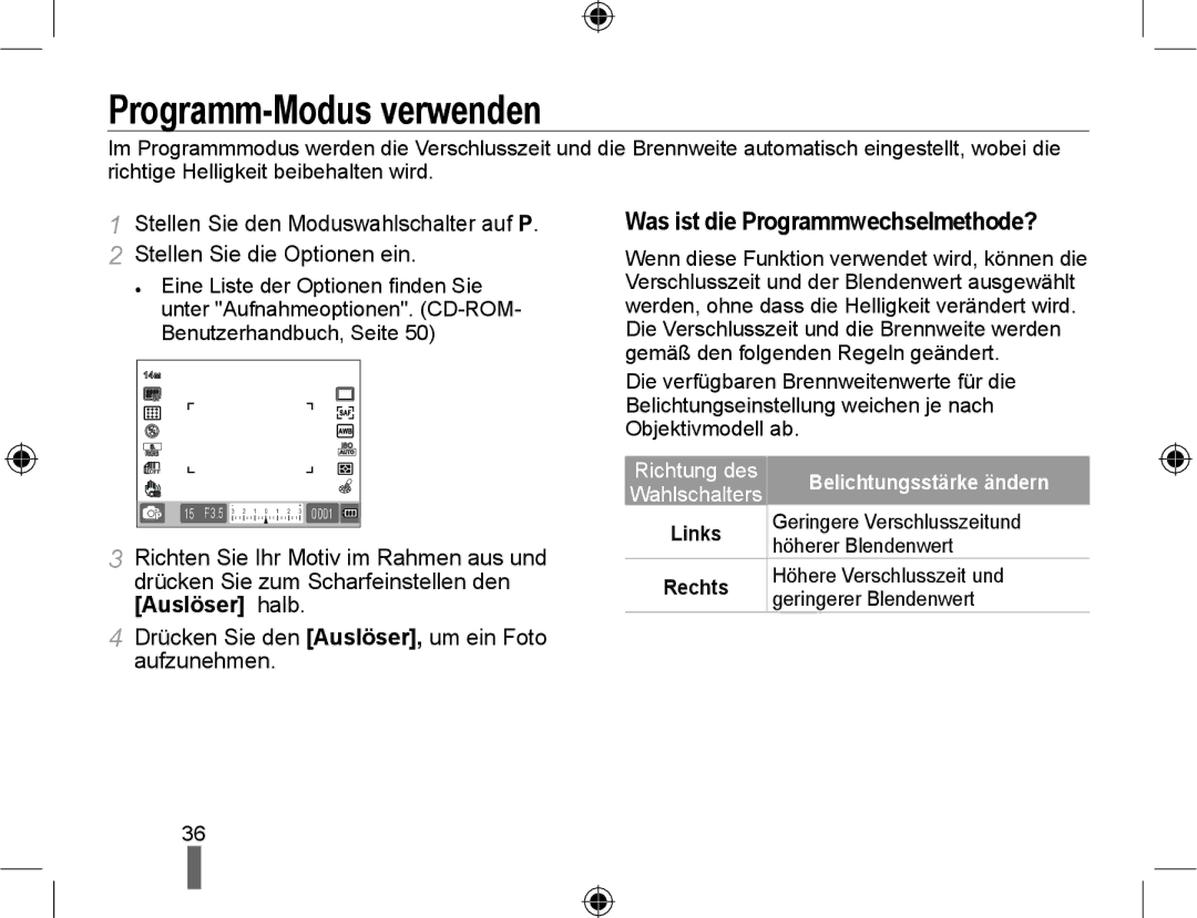 Samsung EV-NX10ZZBABUA manual Programm-Modus verwenden, Was ist die Programmwechselmethode?, Belichtungsstärke ändern 