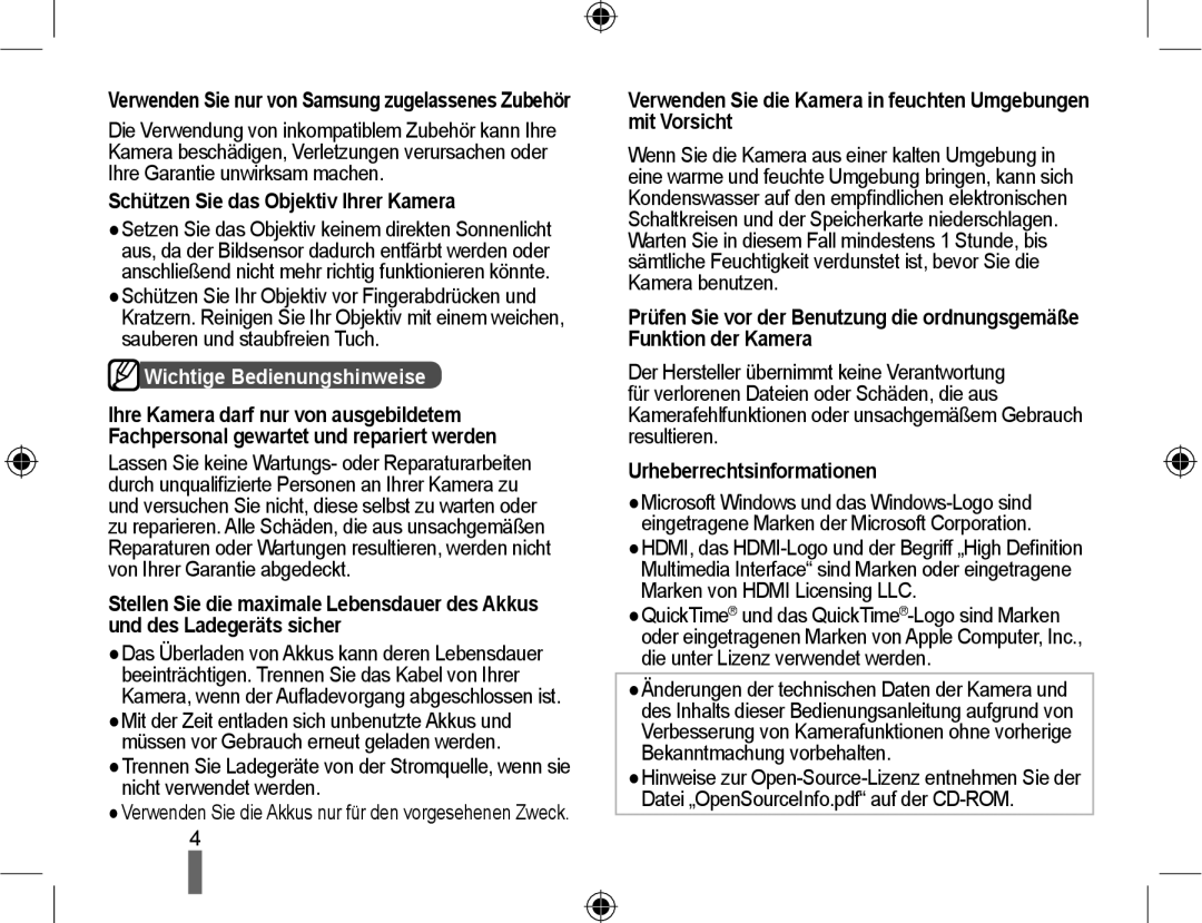 Samsung EV-NX10ZZBABUA Schützen Sie das Objektiv Ihrer Kamera, Wichtige Bedienungshinweise, Urheberrechtsinformationen 