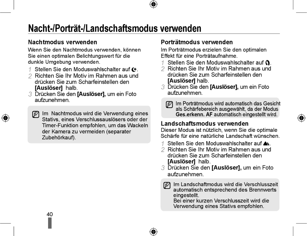 Samsung NX10RHZA03/SUK manual Nacht-/Porträt-/Landschaftsmodus verwenden, Nachtmodus verwenden, Porträtmodus verwenden 