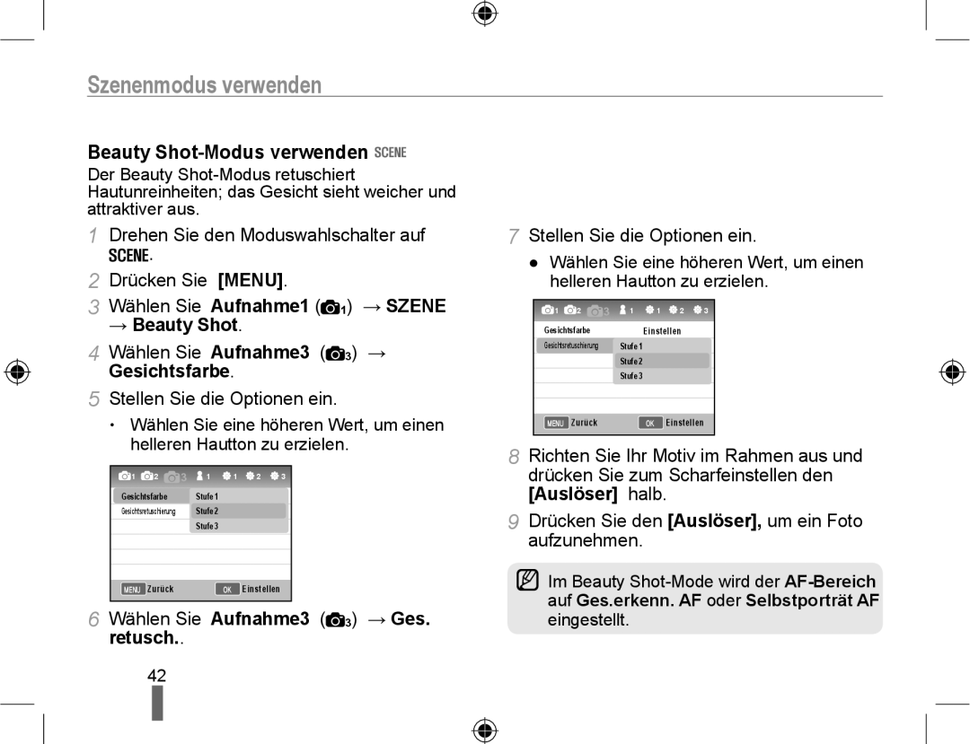 Samsung NX10PRTV04/SEG, NX10RHZA03/SUK, NX10PRTV04/SUK, EV-NX10ZZBABDE Szenenmodus verwenden, Beauty Shot-Modus verwenden 