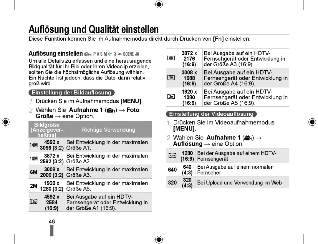 Samsung NX10-SEED/SEG, NX10RHZA03/SUK Auﬂösung und Qualität einstellen, Auﬂösung einstellen, Einstellung der Bildauﬂösung 