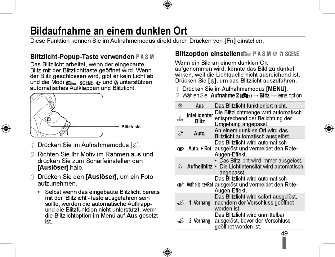 Samsung NX10PRTV04/SUK manual Bildaufnahme an einem dunklen Ort, Blitzlicht-Popup-Taste verwenden, Blitzoption einstellen 