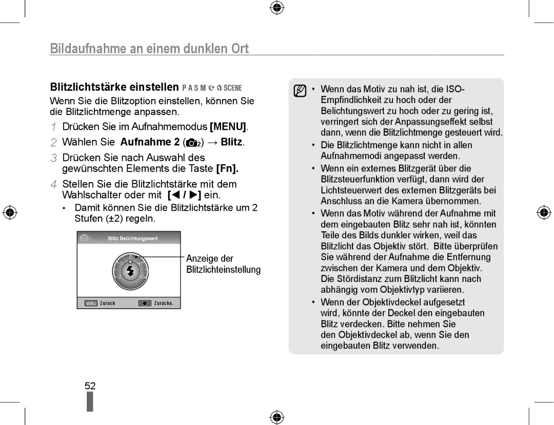 Samsung EV-NX10ZZBABUA, NX10RHZA03/SUK, NX10PRTV04/SUK, NX10PRTV04/SEG, EV-NX10ZZBABDE manual Blitzlichtstärke einstellen 