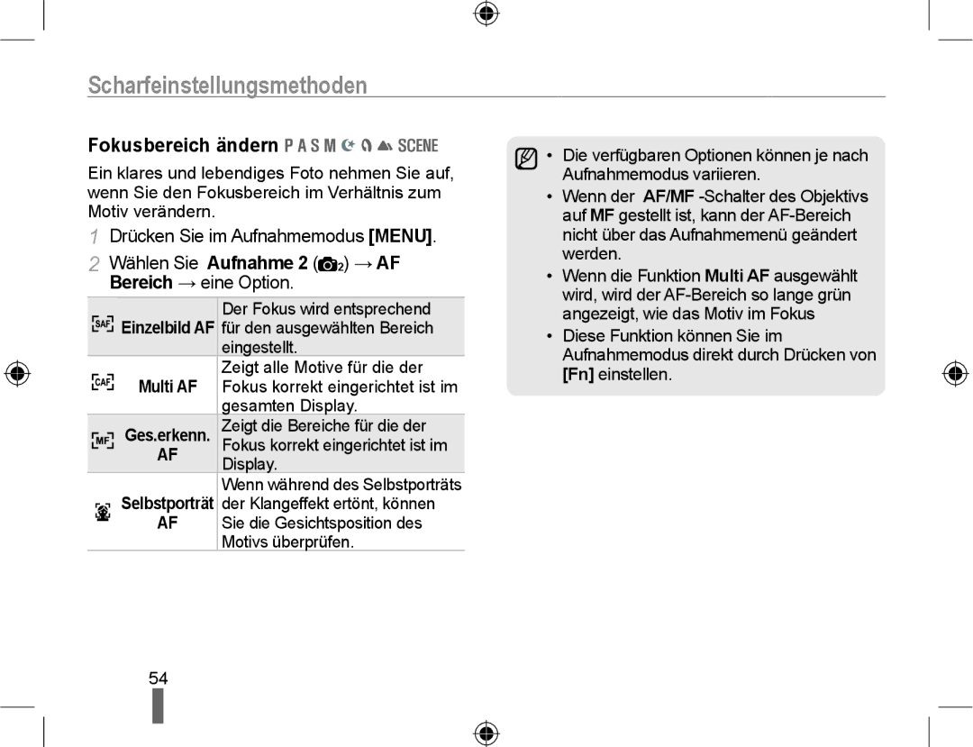 Samsung NX10-SEED/SEG, NX10RHZA03/SUK, NX10PRTV04/SUK, NX10PRTV04/SEG manual Scharfeinstellungsmethoden, Fokusbereich ändern 