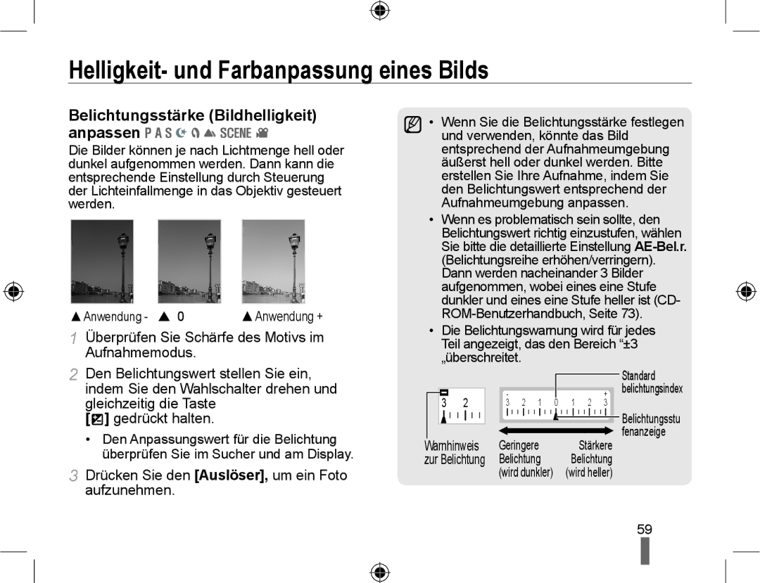 Samsung EV-NX10ZZBABDE, NX10-SEED/SEG Helligkeit- und Farbanpassung eines Bilds, Belichtungsstärke Bildhelligkeit anpassen 