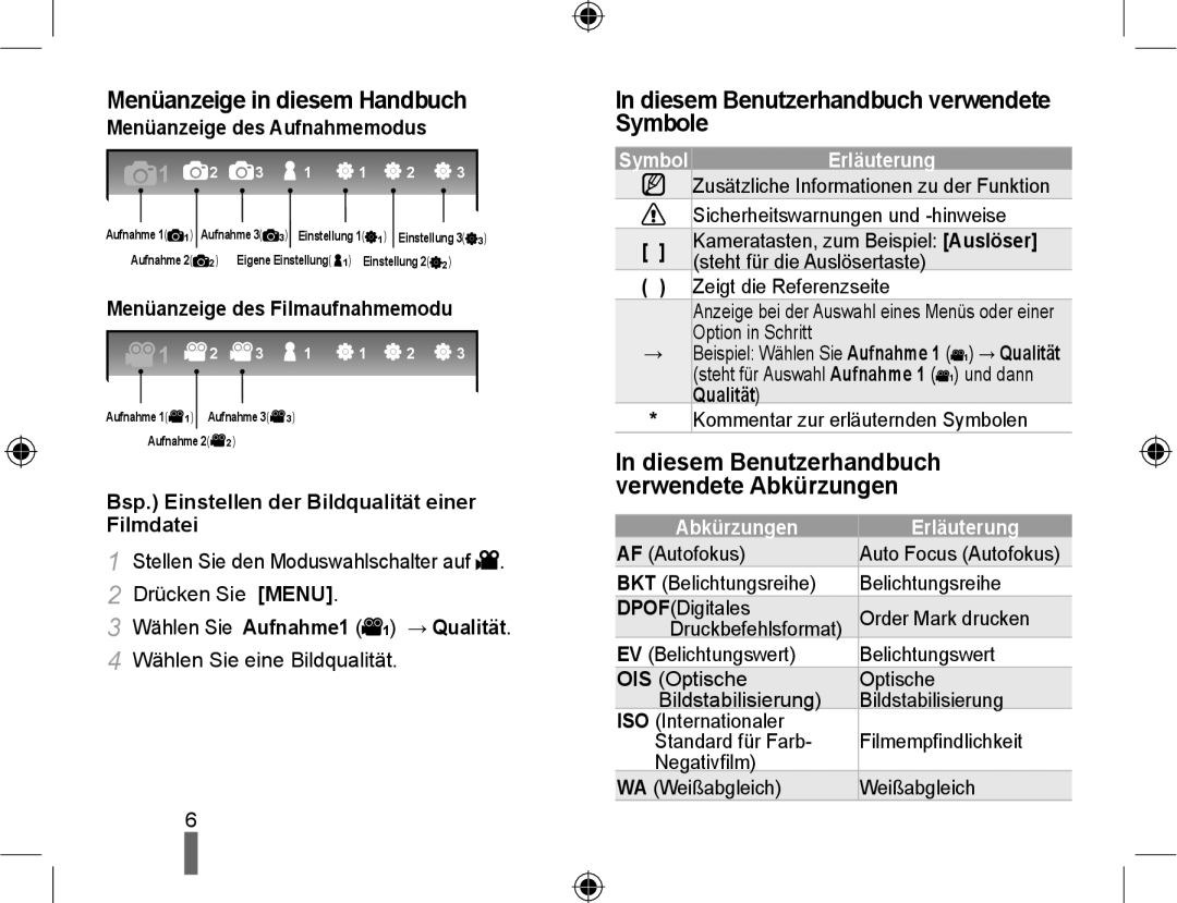 Samsung NX10-SEED/SEG manual Menüanzeige in diesem Handbuch, Diesem Benutzerhandbuch verwendete Symbole, Symbol Erläuterung 