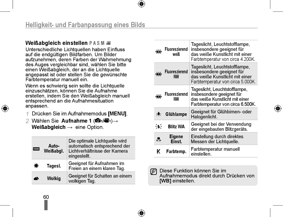 Samsung EV-NX10ZZBABUA, NX10RHZA03/SUK manual Helligkeit- und Farbanpassung eines Bilds, Weißabgleich einstellen, Auto 