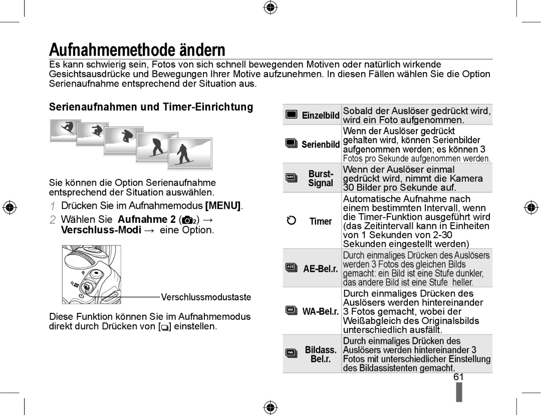 Samsung EV-NX10ZZBCBDE manual Aufnahmemethode ändern, Serienaufnahmen und Timer-Einrichtung, Verschluss-Modi → eine Option 