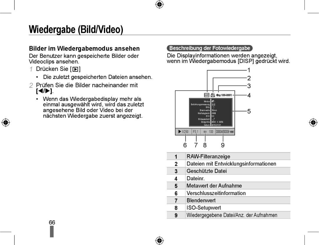 Samsung NX10PRTV04/SEG manual Wiedergabe Bild/Video, Bilder im Wiedergabemodus ansehen, Beschreibung der Fotowiedergabe 