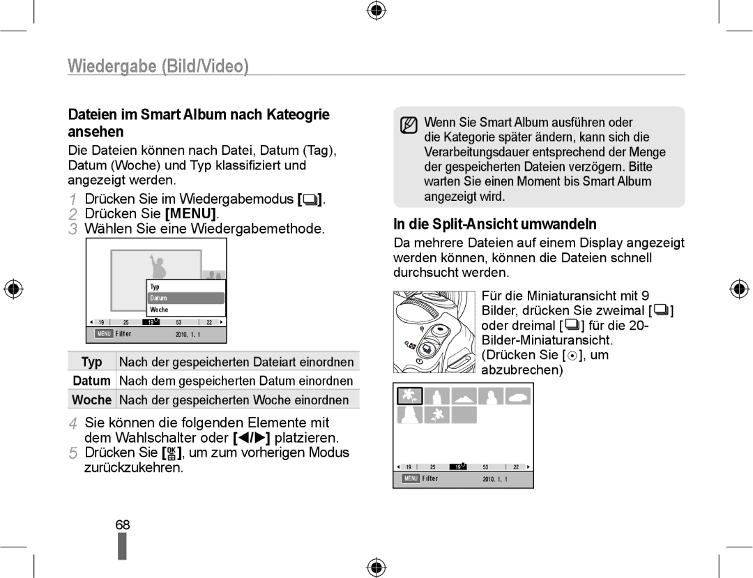 Samsung EV-NX10ZZBABUA, NX10RHZA03/SUK Dateien im Smart Album nach Kateogrie ansehen, Die Split-Ansicht umwandeln, Typ 