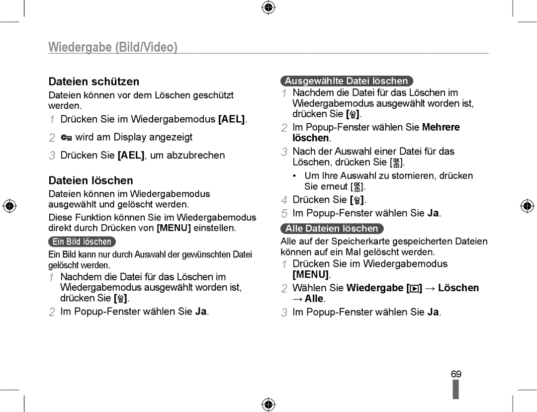 Samsung EV-NX10ZZBCBDE, NX10RHZA03/SUK manual Dateien schützen, Dateien löschen, Wählen Sie Wiedergabe → Löschen → Alle 