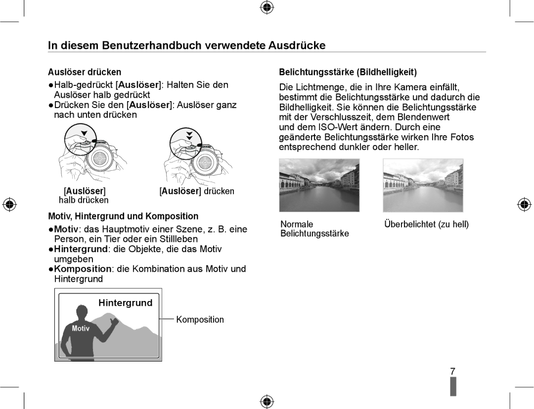 Samsung NX10RH08NH/SEG Diesem Benutzerhandbuch verwendete Ausdrücke, Auslöser drücken, Belichtungsstärke Bildhelligkeit 