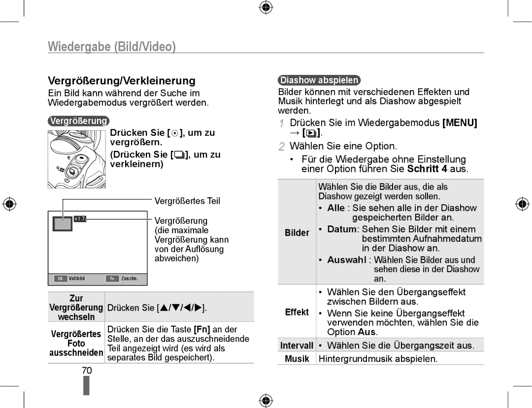 Samsung NX10-SEED/SEG, NX10RHZA03/SUK, NX10PRTV04/SUK manual Vergrößerung/Verkleinerung, Diashow abspielen, Bilder, Zur 