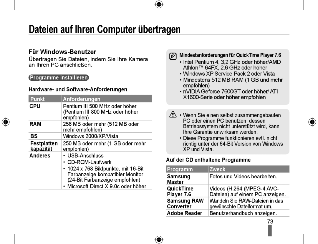 Samsung NX10PRTV04/SUK Dateien auf Ihren Computer übertragen, Für Windows-Benutzer, Programme installieren, Programm Zweck 