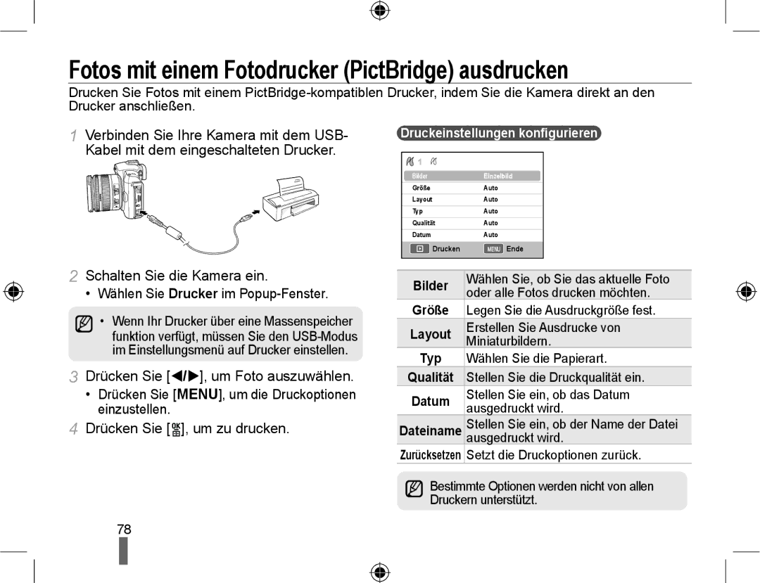 Samsung NX10-SEED/SEG Fotos mit einem Fotodrucker PictBridge ausdrucken, Druckeinstellungen konﬁgurieren, Größe, Datum 