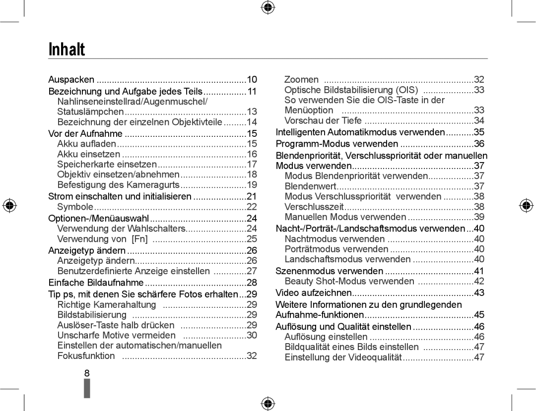 Samsung NX10RHZA03/SUK, NX10PRTV04/SUK, NX10PRTV04/SEG, EV-NX10ZZBABDE manual Inhalt, Nahlinseneinstellrad/Augenmuschel 