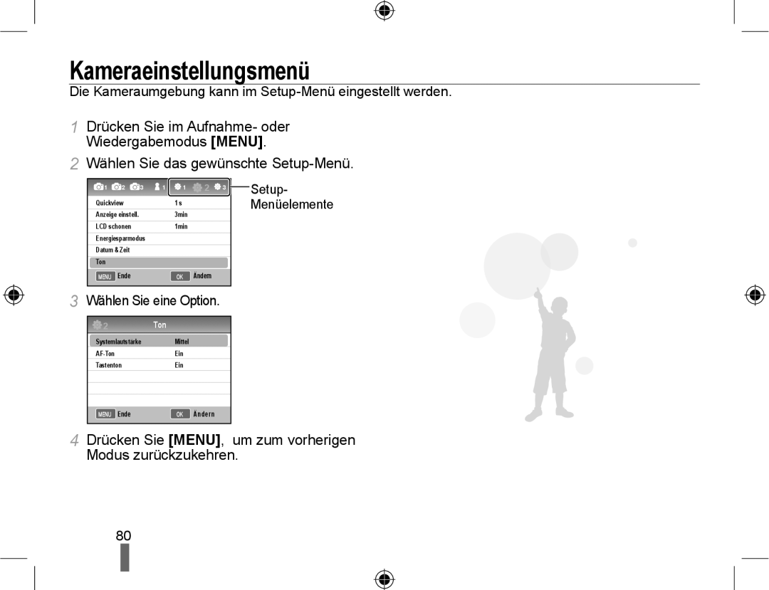 Samsung NX10RHZA03/SUK, NX10PRTV04/SUK Kameraeinstellungsmenü, Die Kameraumgebung kann im Setup-Menü eingestellt werden 