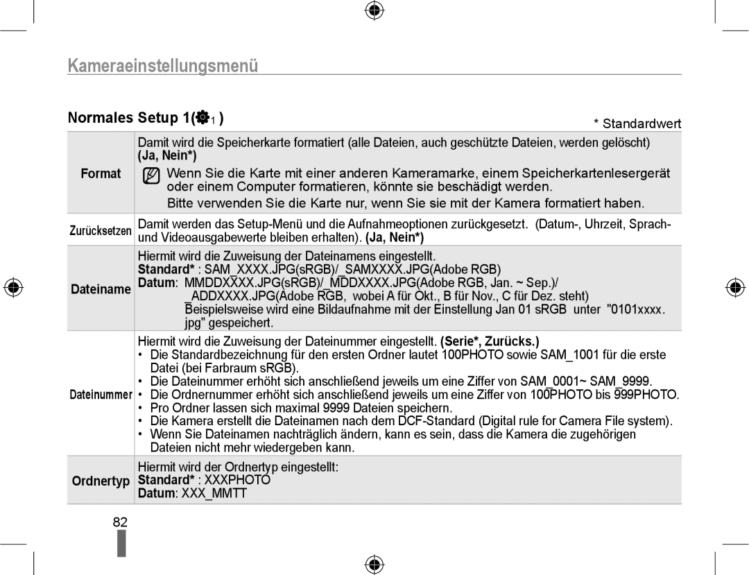 Samsung NX10PRTV04/SEG, NX10RHZA03/SUK manual Normales Setup 1, Ja, Nein Format, Dateiname, Ordnertyp Standard* Xxxphoto 