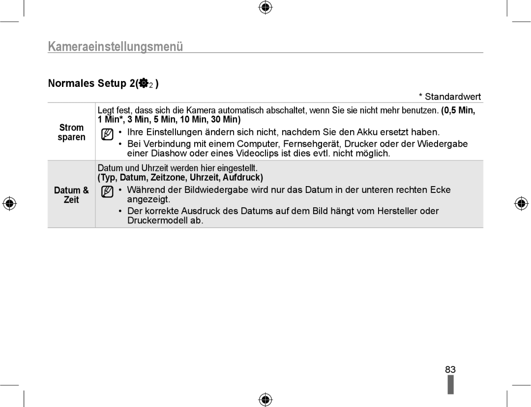 Samsung EV-NX10ZZBABDE Normales Setup 2, Min*, 3 Min, 5 Min, 10 Min, 30 Min, Datum und Uhrzeit werden hier eingestellt 