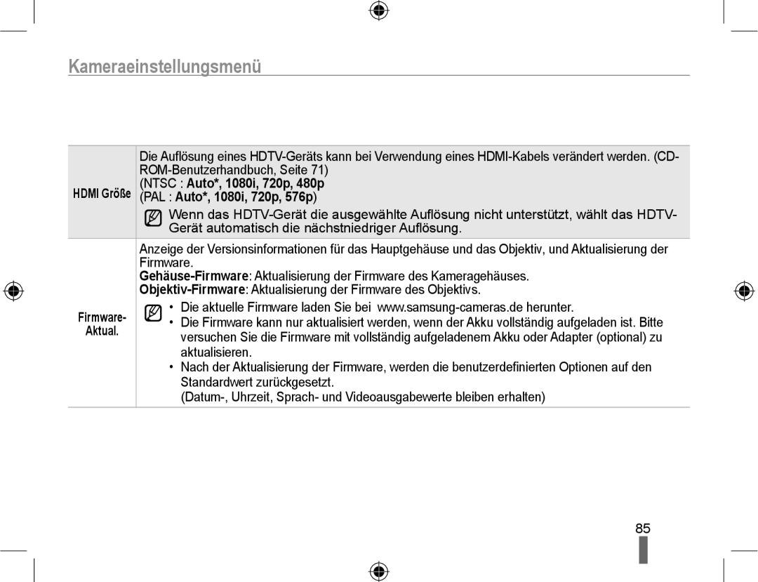 Samsung EV-NX10ZZBCBDE manual ROM-Benutzerhandbuch, Seite, Ntsc Auto*, 1080i, 720p, 480p, PAL Auto*, 1080i, 720p, 576p 