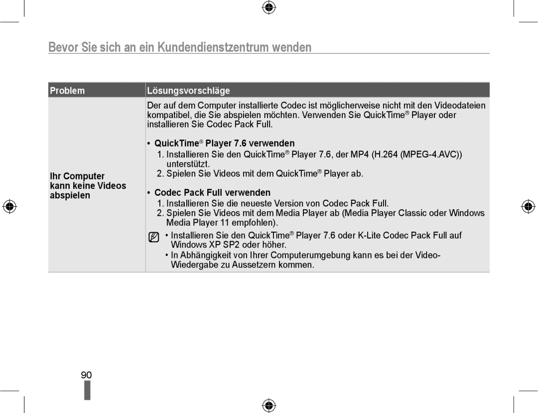 Samsung NX10PRTV04/SEG QuickTime Player 7.6 verwenden, Ihr Computer, Kann keine Videos Codec Pack Full verwenden Abspielen 