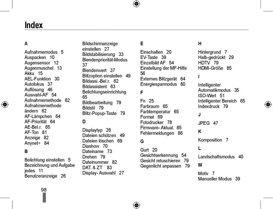 Samsung NX10PRTV04/SEG, NX10-SEED/SEG Index, Hintergrund Halb-gedrückt, Komposition Landschaftsmodus Motiv Manueller Modus 