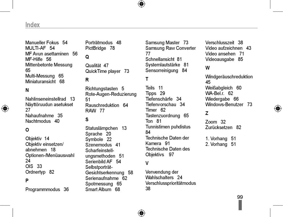 Samsung EV-NX10ZZBABDE Index, OIS 33 Ordnertyp Programmmodus Porträtmodus PictBridge, Teils, Zoom 32 Zurücksetzen Vorhang 