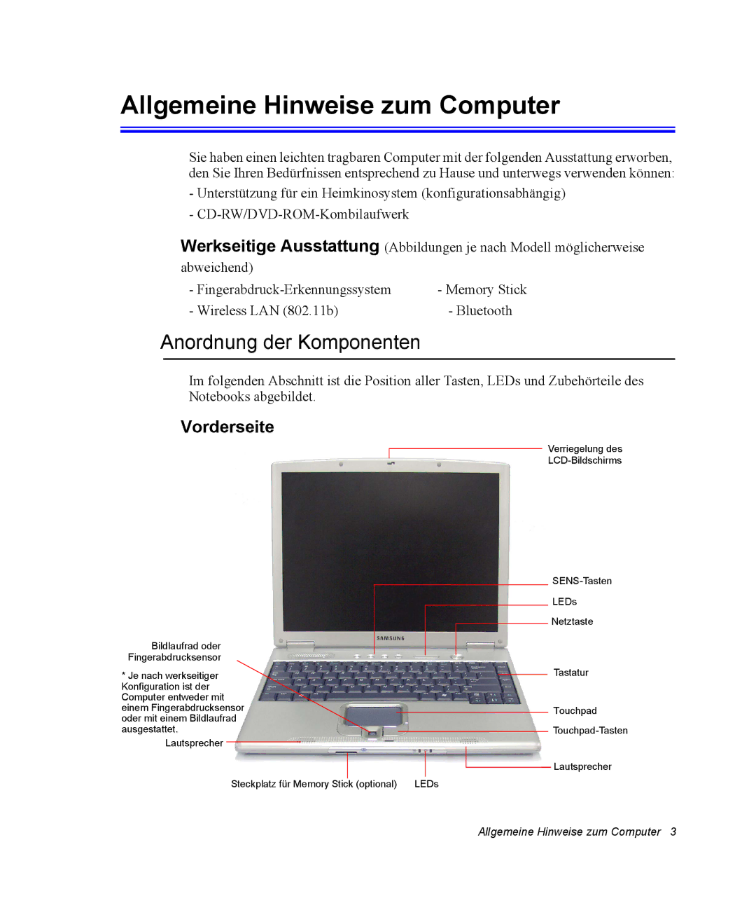 Samsung NX10RP0BW9/SEK, NX10RP0BW9/SEG manual Allgemeine Hinweise zum Computer, Anordnung der Komponenten, Vorderseite 