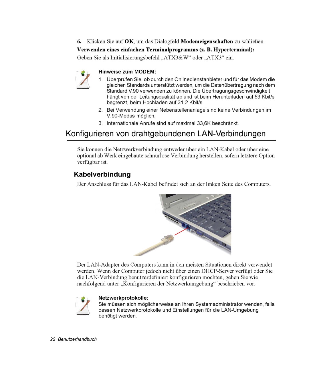 Samsung NX10RP09C5/SEG manual Konfigurieren von drahtgebundenen LAN-Verbindungen, Kabelverbindung, Hinweise zum Modem 