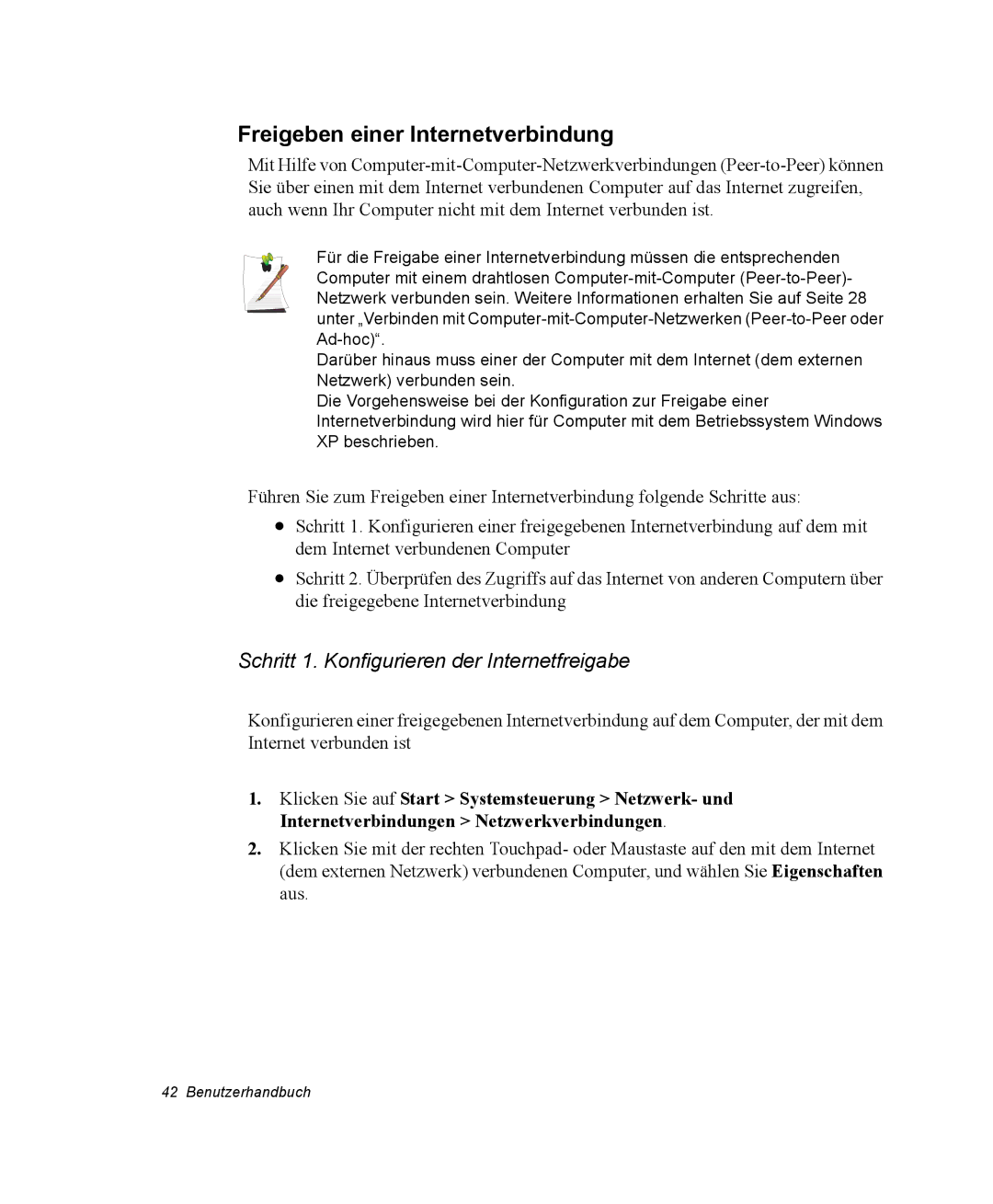 Samsung NX10RK09DK/SEG, NX10RP0BW9/SEG Freigeben einer Internetverbindung, Schritt 1. Konfigurieren der Internetfreigabe 