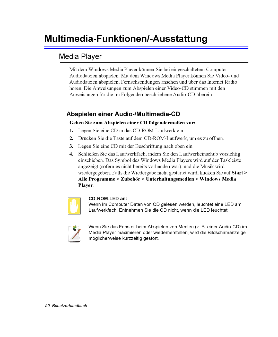 Samsung NX10RP09C5/SEG manual Multimedia-Funktionen/-Ausstattung, Media Player, Abspielen einer Audio-/Multimedia-CD 