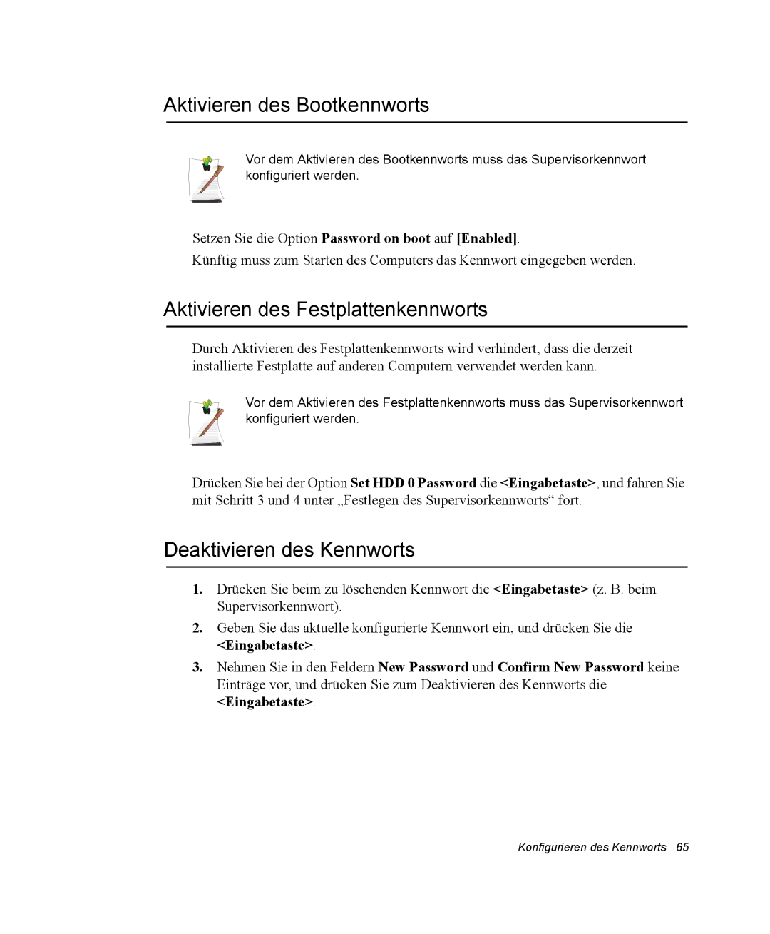 Samsung NX10RK09C5/SEG manual Aktivieren des Bootkennworts, Aktivieren des Festplattenkennworts, Deaktivieren des Kennworts 