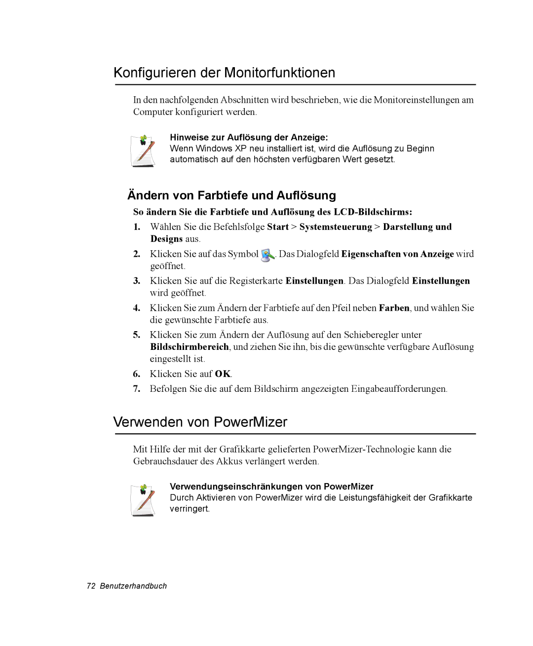 Samsung NX10RK09C5/SEG Konfigurieren der Monitorfunktionen, Verwenden von PowerMizer, Ändern von Farbtiefe und Auflösung 