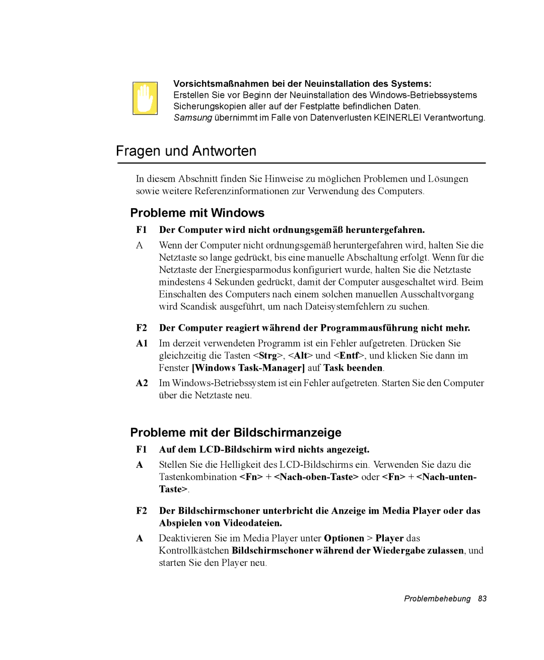 Samsung NX10RP0BW9/SEG, NX10RK09DK/SEG manual Fragen und Antworten, Probleme mit Windows, Probleme mit der Bildschirmanzeige 