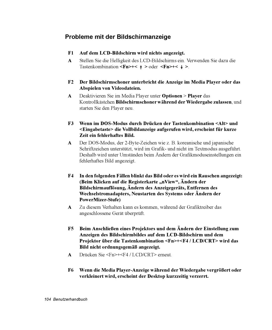 Samsung NX15PRTV01/SCH manual Probleme mit der Bildschirmanzeige, F1 Auf dem LCD-Bildschirm wird nichts angezeigt 