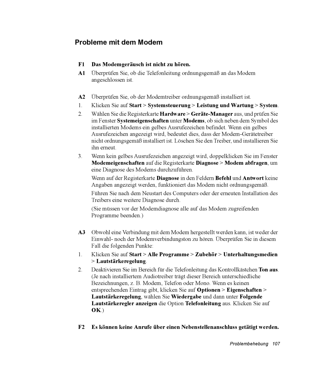 Samsung NX15PRTV01/SCH manual Probleme mit dem Modem, F1 Das Modemgeräusch ist nicht zu hören 