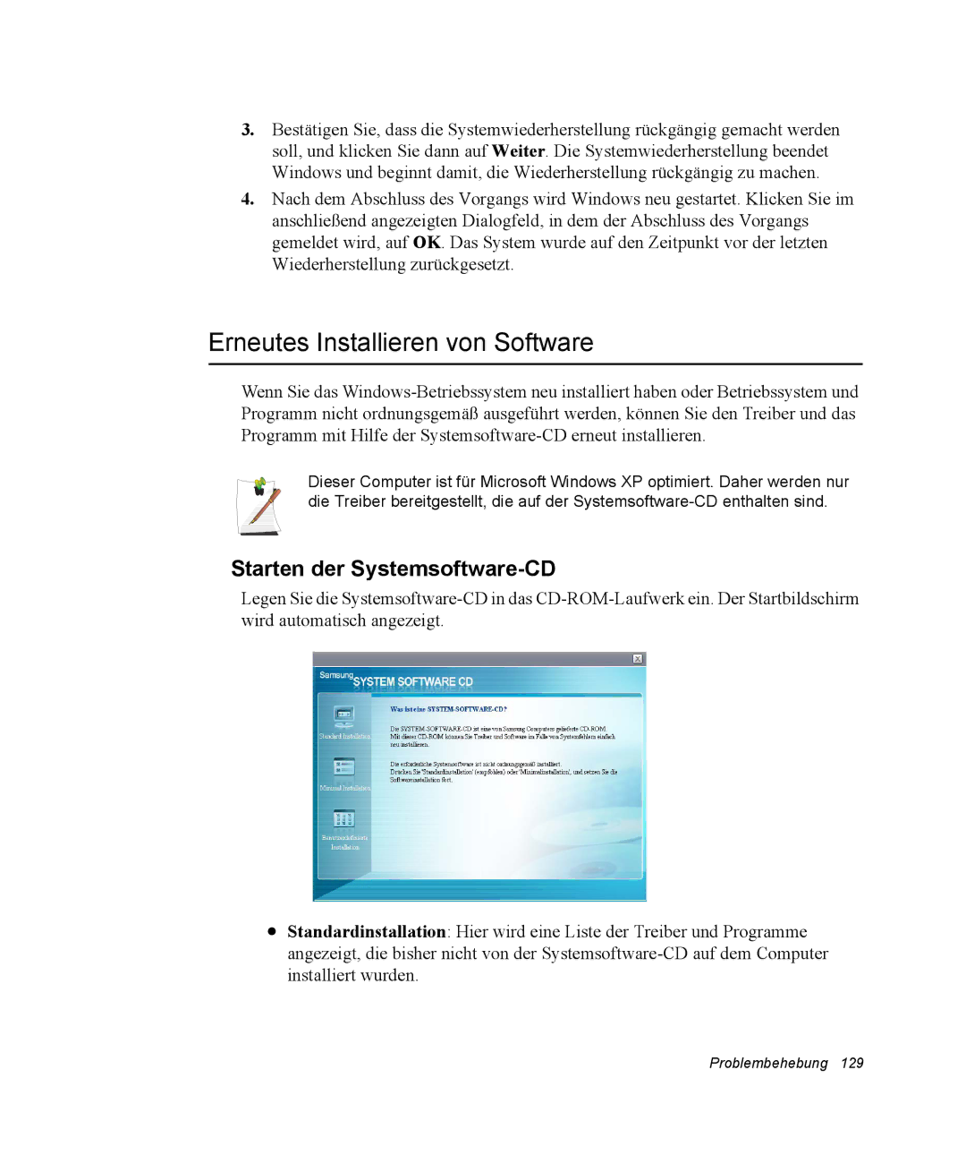 Samsung NX15PRTV01/SCH manual Erneutes Installieren von Software, Starten der Systemsoftware-CD 