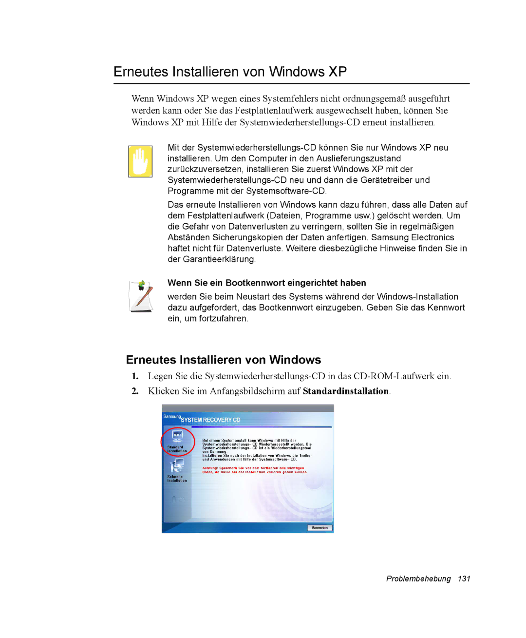 Samsung NX15PRTV01/SCH manual Erneutes Installieren von Windows XP, Wenn Sie ein Bootkennwort eingerichtet haben 