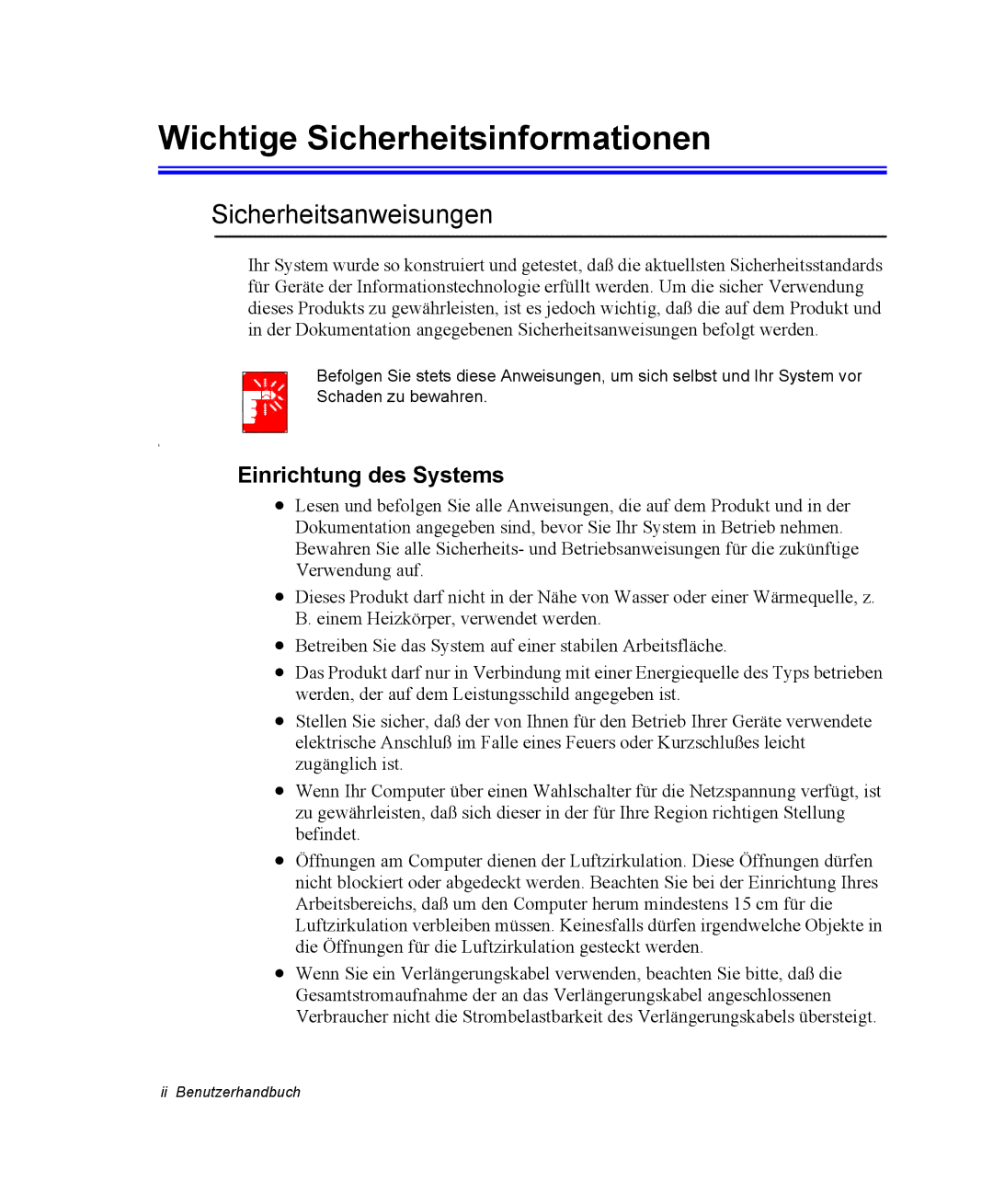 Samsung NX15PRTV01/SCH manual Wichtige Sicherheitsinformationen, Sicherheitsanweisungen, Einrichtung des Systems 