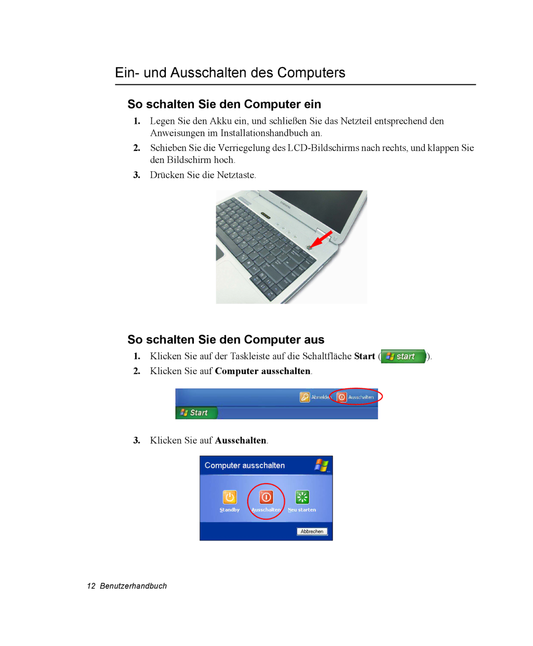 Samsung NX15PRTV01/SCH manual Ein- und Ausschalten des Computers, So schalten Sie den Computer ein 