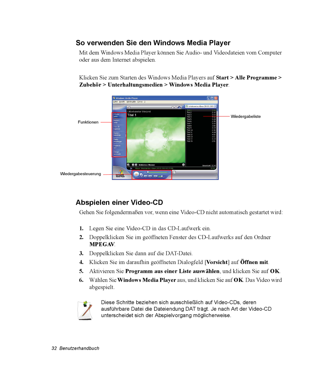 Samsung NX15PRTV01/SCH manual So verwenden Sie den Windows Media Player, Abspielen einer Video-CD 