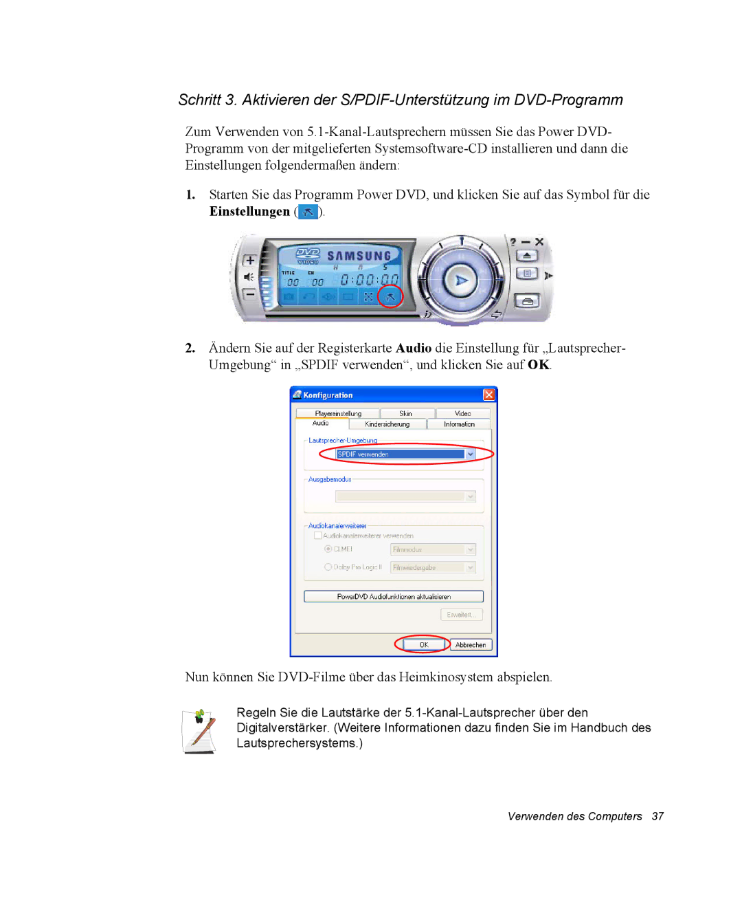 Samsung NX15PRTV01/SCH manual Verwenden des Computers 