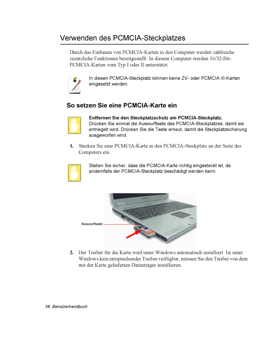 Samsung NX15PRTV01/SCH manual Verwenden des PCMCIA-Steckplatzes, So setzen Sie eine PCMCIA-Karte ein 