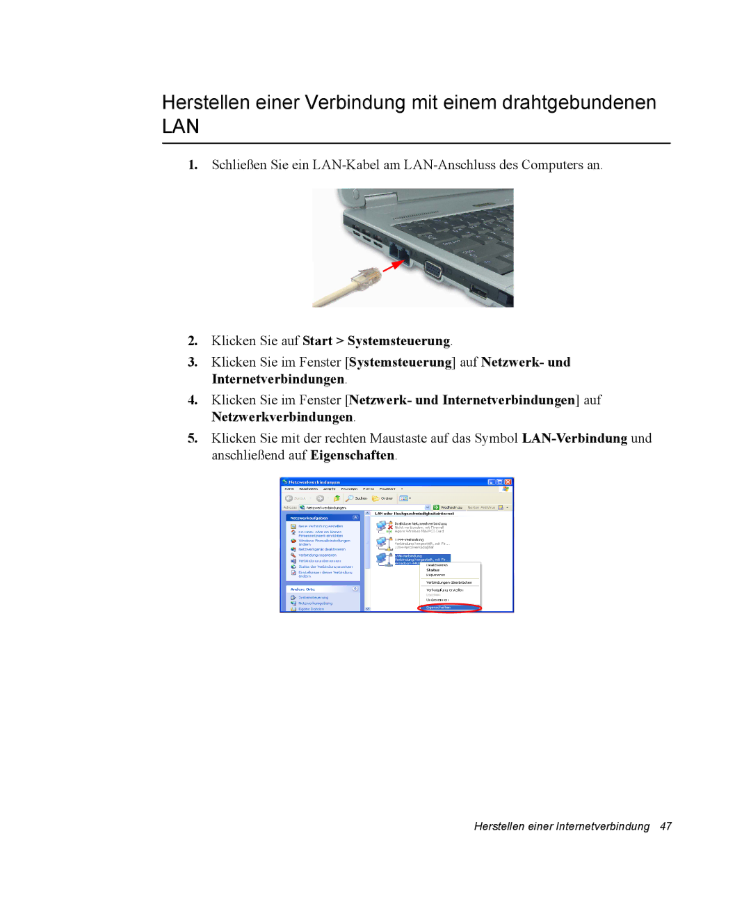 Samsung NX15PRTV01/SCH manual Herstellen einer Verbindung mit einem drahtgebundenen, Klicken Sie auf Start Systemsteuerung 