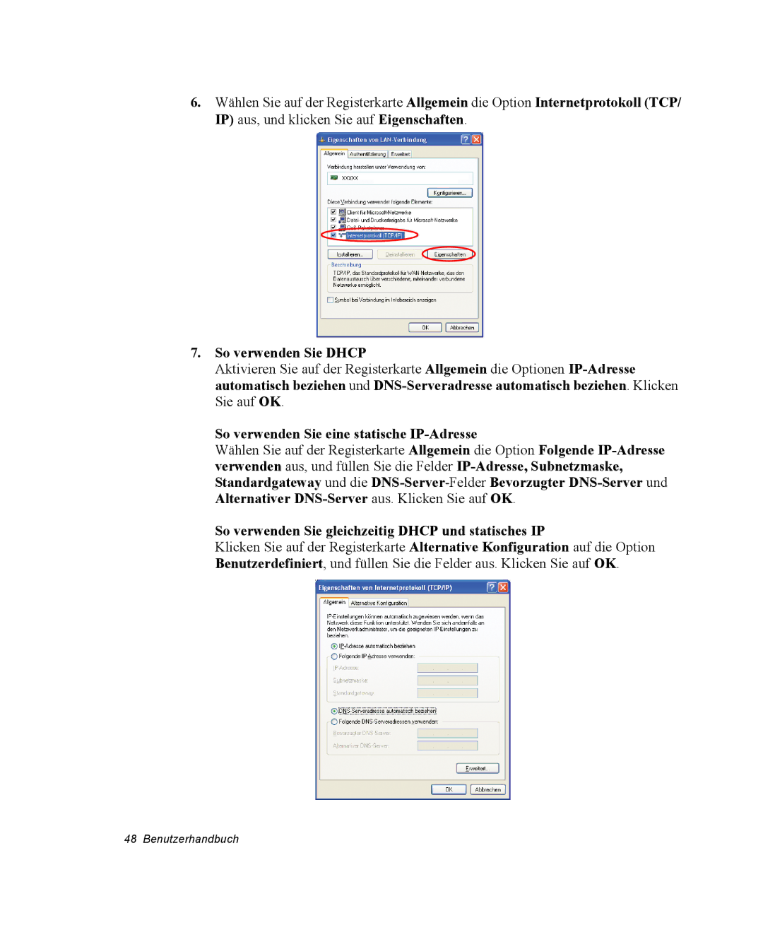 Samsung NX15PRTV01/SCH manual So verwenden Sie Dhcp, So verwenden Sie eine statische IP-Adresse 