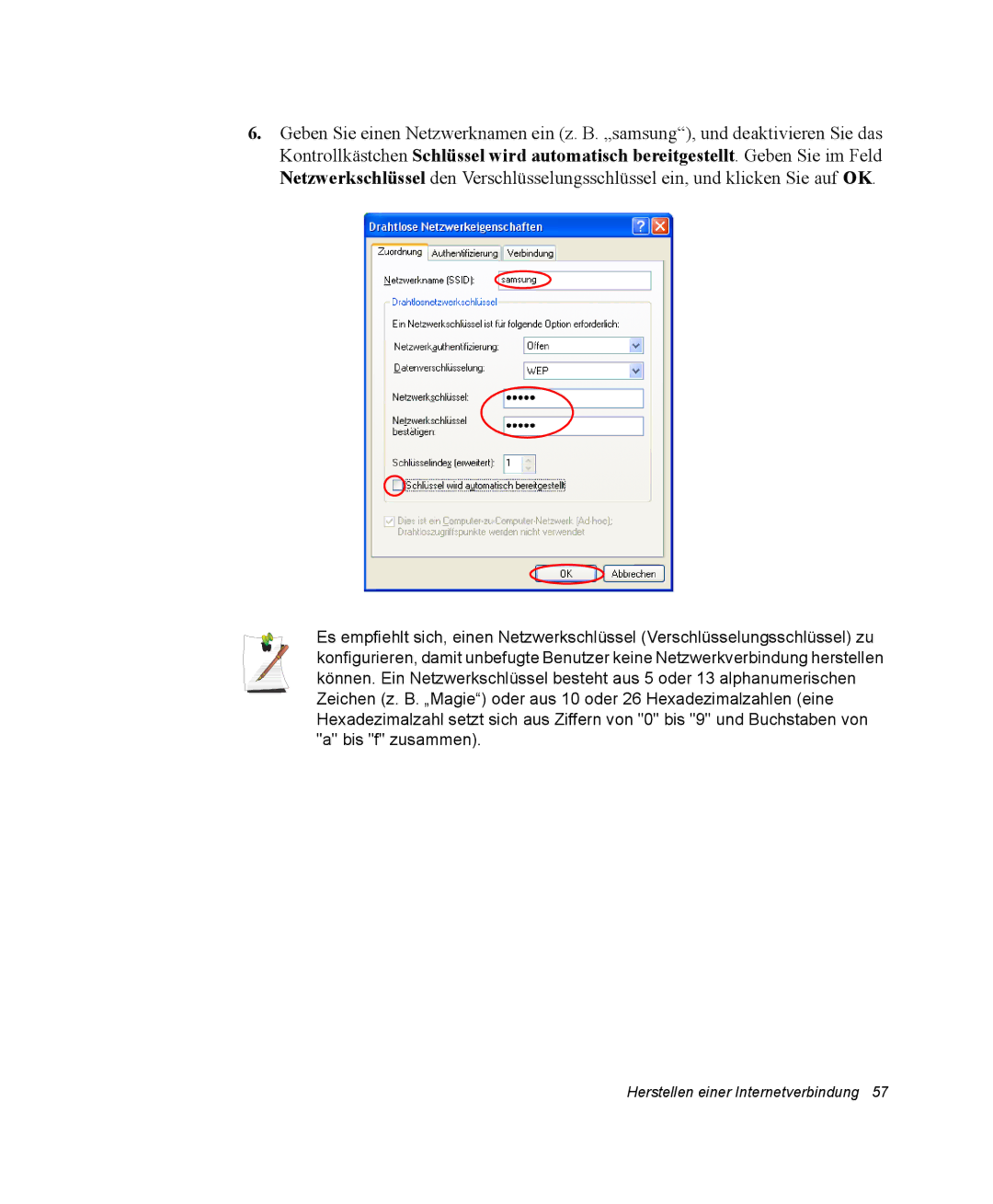 Samsung NX15PRTV01/SCH manual Herstellen einer Internetverbindung 