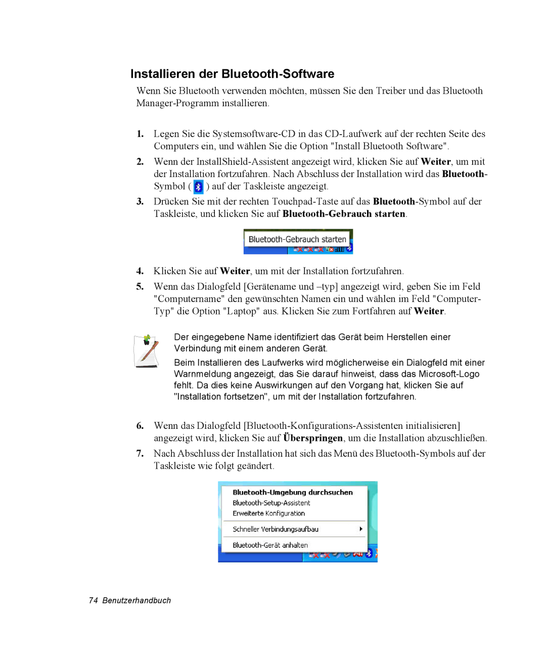 Samsung NX15PRTV01/SCH manual Installieren der Bluetooth-Software 