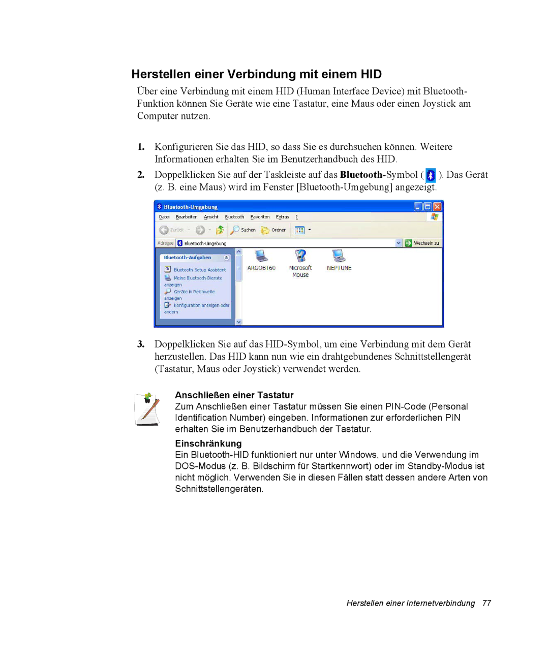 Samsung NX15PRTV01/SCH manual Herstellen einer Verbindung mit einem HID, Anschließen einer Tastatur, Einschränkung 